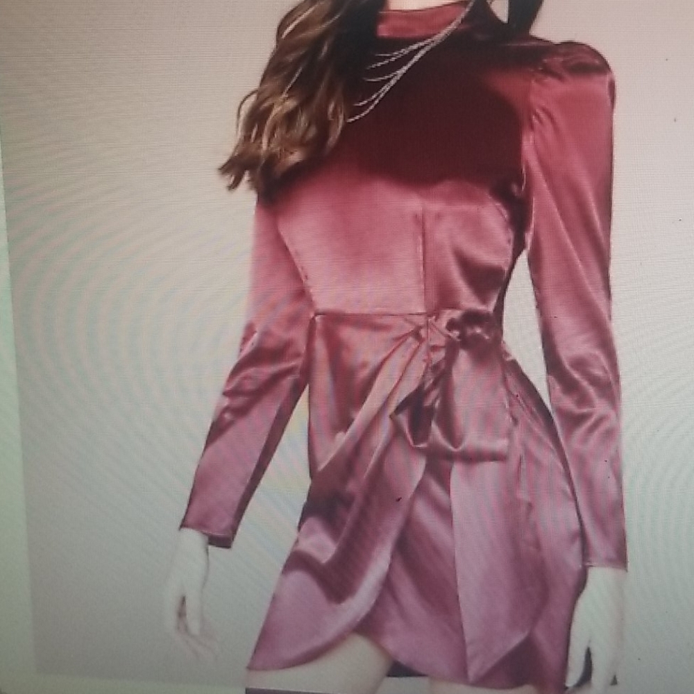MOCK NECK KNOT SIDE HEM SATIN DRESS